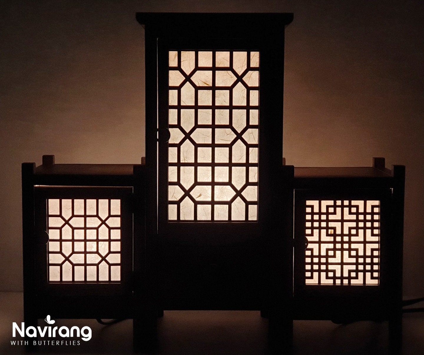 HANJI Paper Door Lamp - Korean Traditional Window Art, Mood Light, Wooden Table Night Light, 1w LED Bulb, 2m Wire Cable