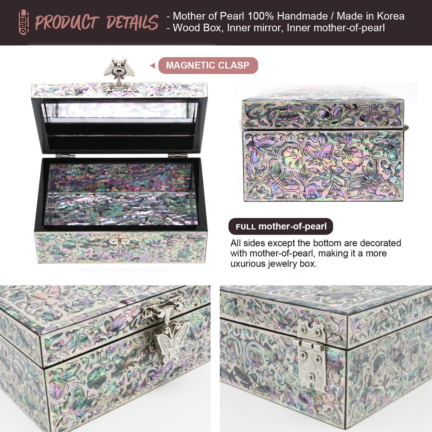 FULL NACRE Jewelry Box - Butterfly | Korean traditional mother-of-pearl, Antique Deco, Premium Handmade, Gift for Mom, Girlfriend, Women