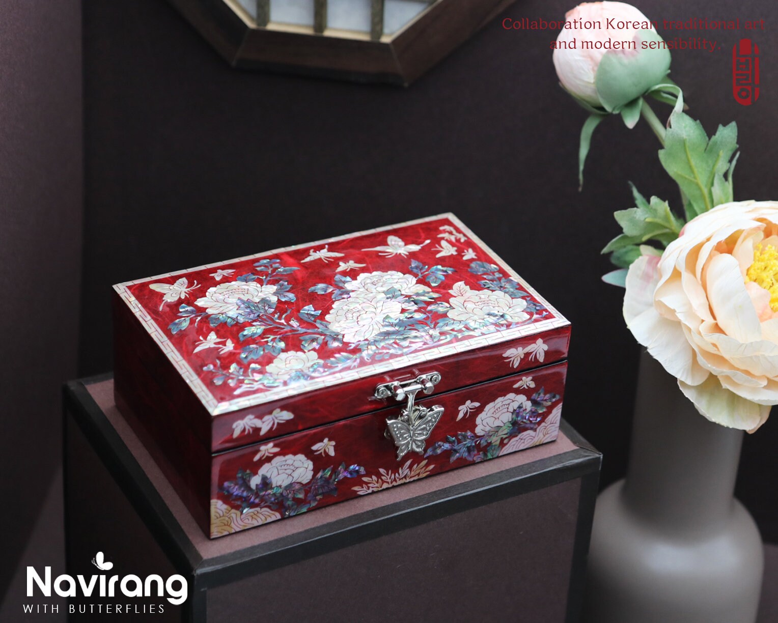 PEONY Jewelry Box - Small, Wine | Korean traditional mother-of-pearl, Premium Handmade, Gift for Mom, Girlfriend, Women, Girl