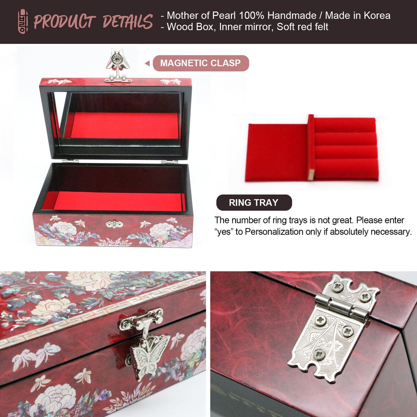 PEONY Jewelry Box - Small, Wine | Korean traditional mother-of-pearl, Premium Handmade, Gift for Mom, Girlfriend, Women, Girl