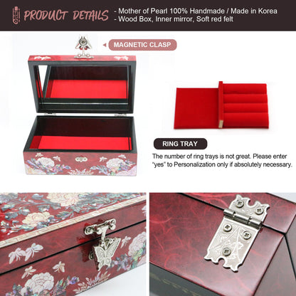 PEONY Jewelry Box - Small, Wine | Korean traditional mother-of-pearl, Premium Handmade, Gift for Mom, Girlfriend, Women, Girl