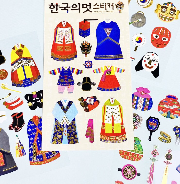 Korean Traditional Sticker - Buy One Get 50% OFF, Premium·High Quality Gold leaf stickers, Hahoe mask, Hanbok,