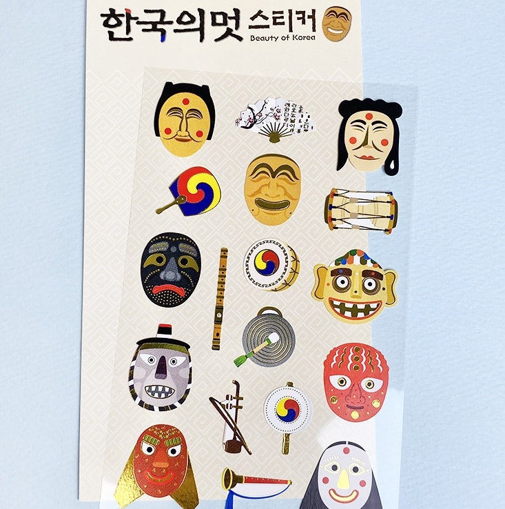 Korean Traditional Sticker - Buy One Get 50% OFF, Premium·High Quality Gold leaf stickers, Hahoe mask, Hanbok,