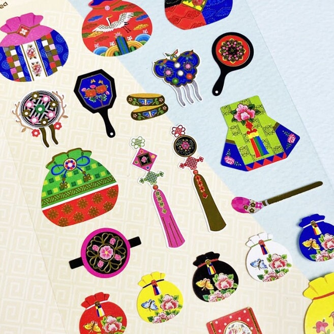 Korean Traditional Sticker - Buy One Get 50% OFF, Premium·High Quality Gold leaf stickers, Hahoe mask, Hanbok,