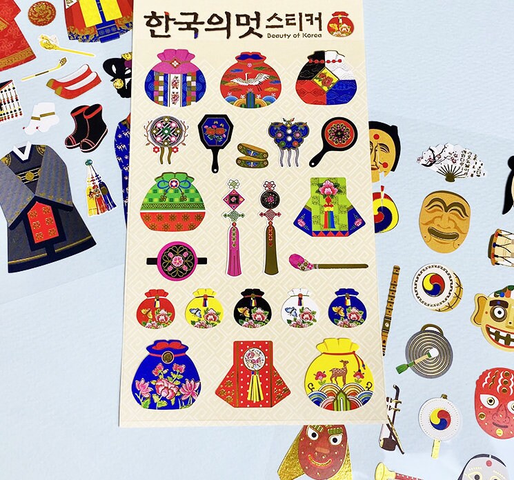 Korean Traditional Sticker - Buy One Get 50% OFF, Premium·High Quality Gold leaf stickers, Hahoe mask, Hanbok,