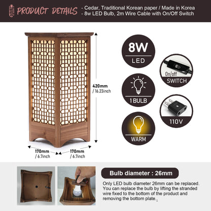 HANJI Paper Lamp - Korean Traditional Window Art, Wood Table Night Light, Wooden Night, 8w LED Bulb, 2m Wire Cable