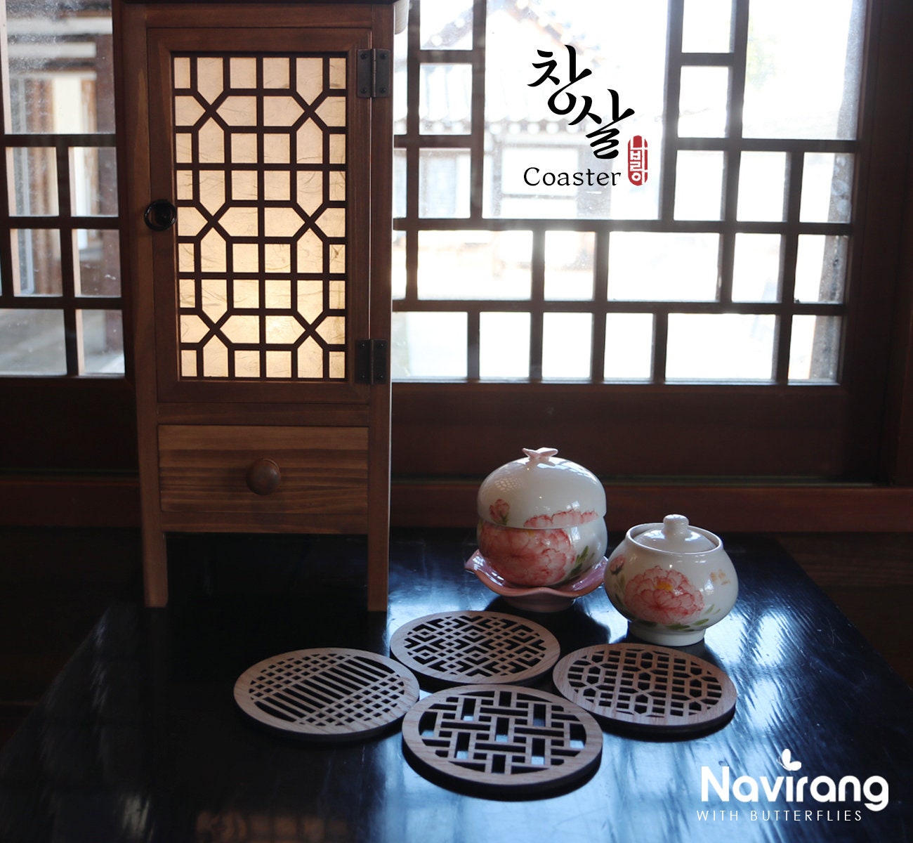 Walnut Circle Shape 4 PCS Set with Fee Bojagi Wrapping - Laser Cut Wood Coasters / Korean Traditional art