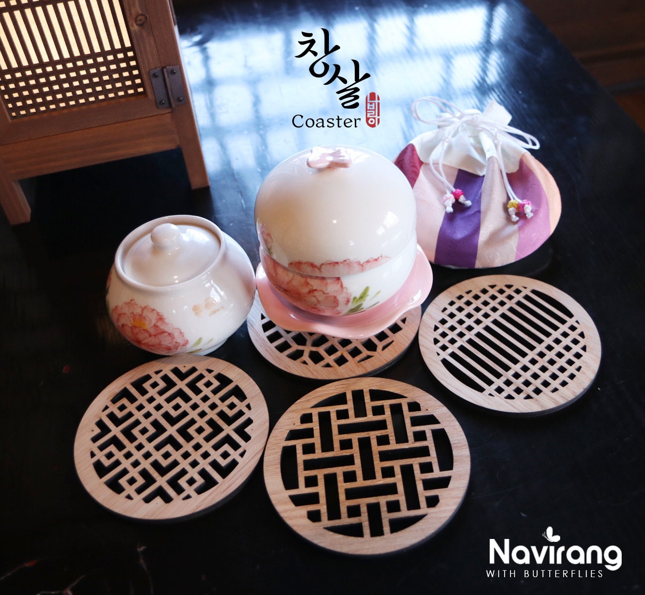 Buy 1, Get 50% Off / Laser Cut Wood Coasters / Korean traditional window frame art - Natural eco-friendly coasters, Coffee coasters