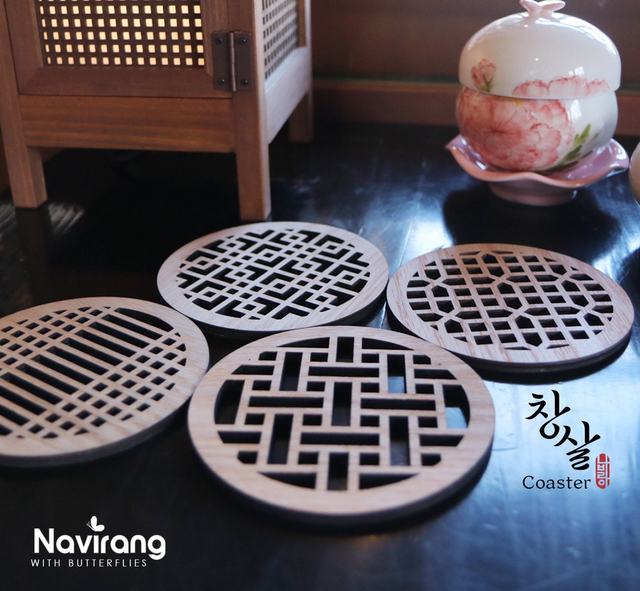 Buy 1, Get 50% Off / Laser Cut Wood Coasters / Korean traditional window frame art - Natural eco-friendly coasters, Coffee coasters