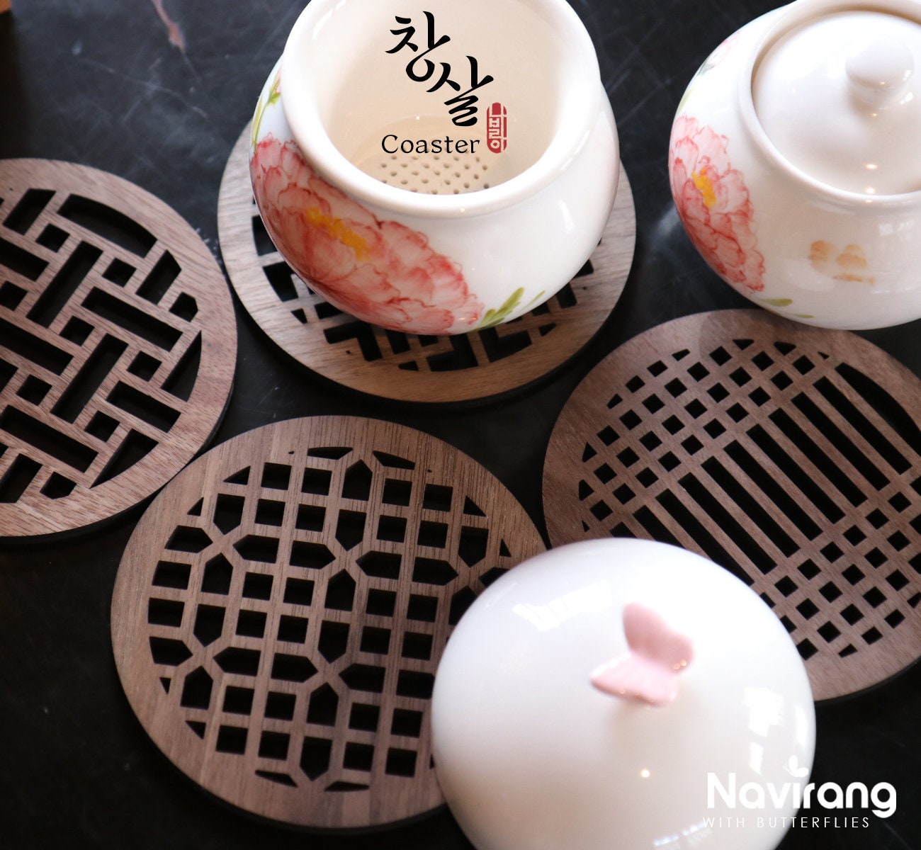 Walnut Circle Shape 4 PCS Set with Fee Bojagi Wrapping - Laser Cut Wood Coasters / Korean Traditional art