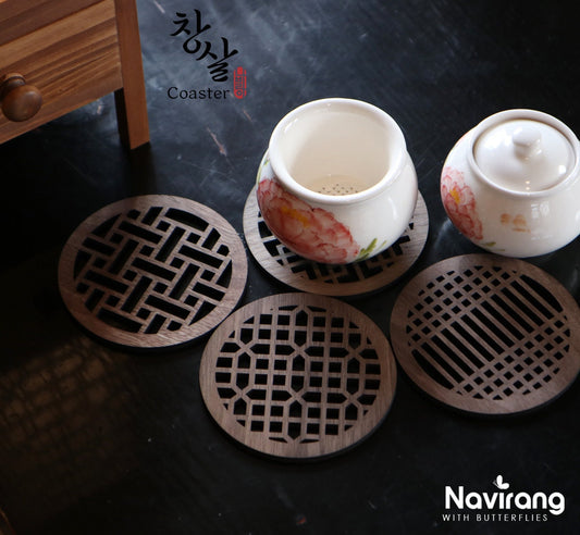 Walnut Circle Shape 4 PCS Set with Fee Bojagi Wrapping - Laser Cut Wood Coasters / Korean Traditional art