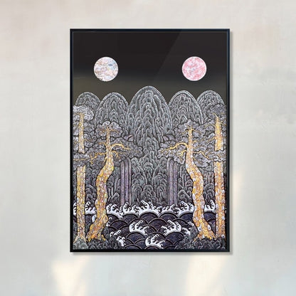 Sun, Moon and Obongdo Picture Frame A2 A1 - Korean Traditional Minhwa Ilwolobongdo Painting, Vintage Art Painting Wall Deco