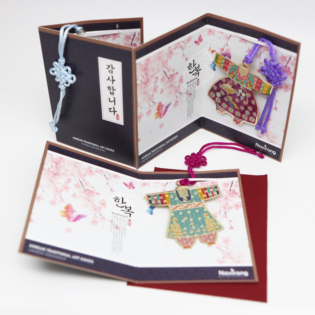 HANBOK Bookmark Set of 2 with Gift Cards & Envelopes / Korean Traditional Arts Bookmark - Premium·High Quality 24K Gold Plated,