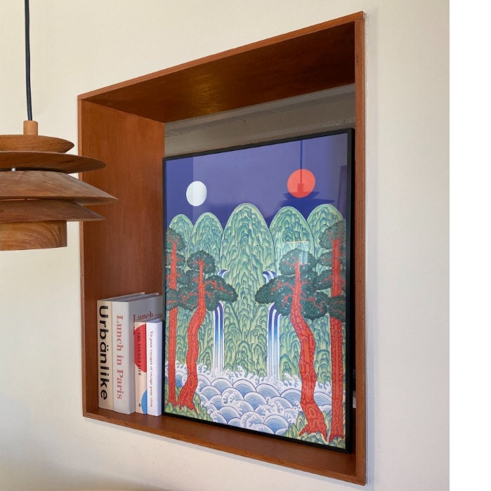 Sun, Moon and Obongdo Picture Frame A2 A1 - Korean Traditional Minhwa Ilwolobongdo Painting, Vintage Art Painting Wall Deco