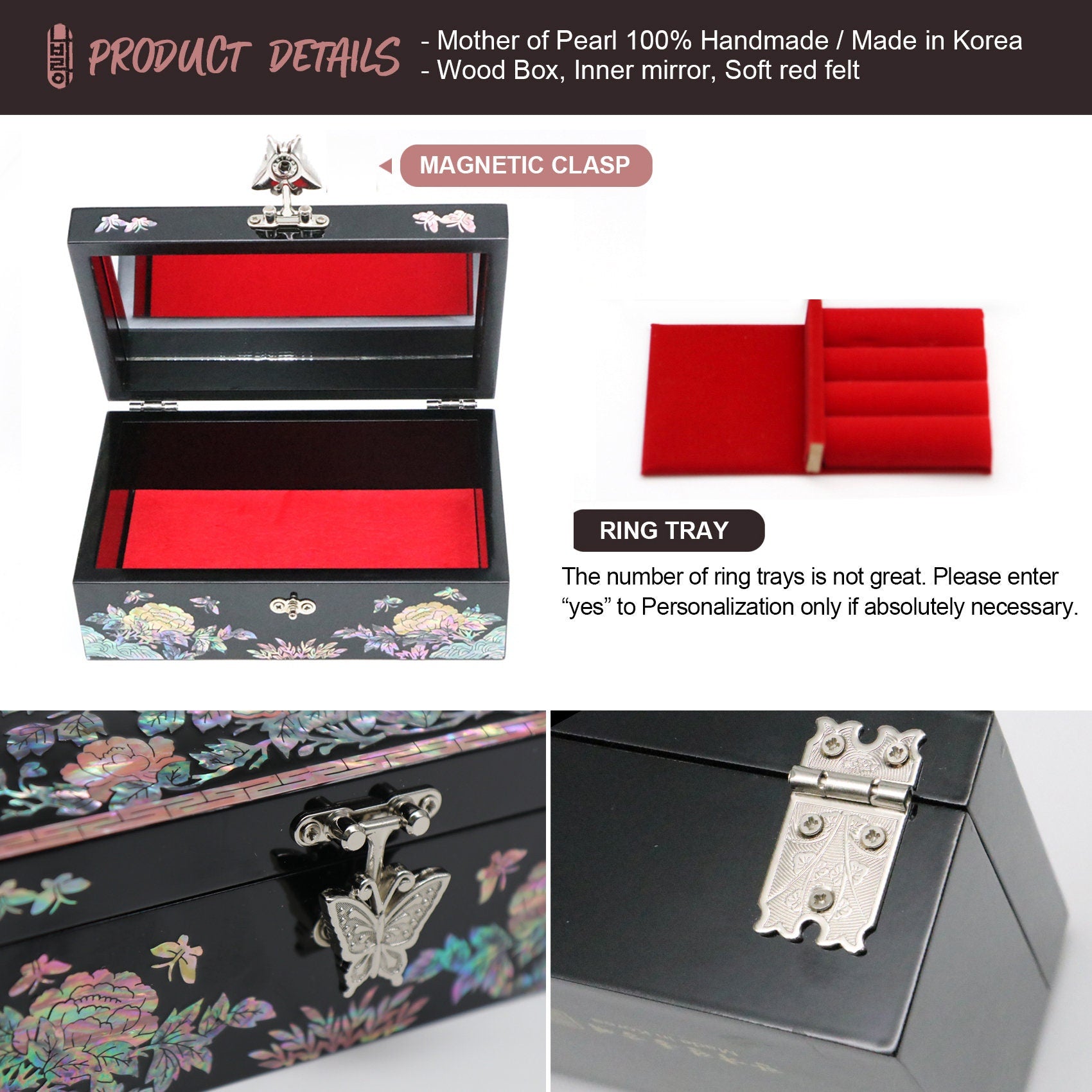 PEONY Jewelry Box - Small, Colorful, Black | Korean traditional mother-of-pearl, Premium Handmade, Gift for Mom, Girlfriend, Women, Girl