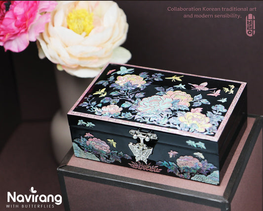 PEONY Jewelry Box - Small, Colorful, Black | Korean traditional mother-of-pearl, Premium Handmade, Gift for Mom, Girlfriend, Women, Girl