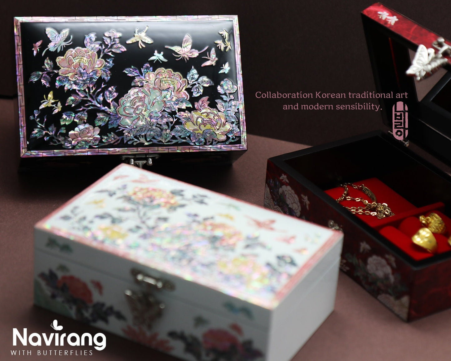 PEONY Jewelry Box - Small, Colorful, Black | Korean traditional mother-of-pearl, Premium Handmade, Gift for Mom, Girlfriend, Women, Girl