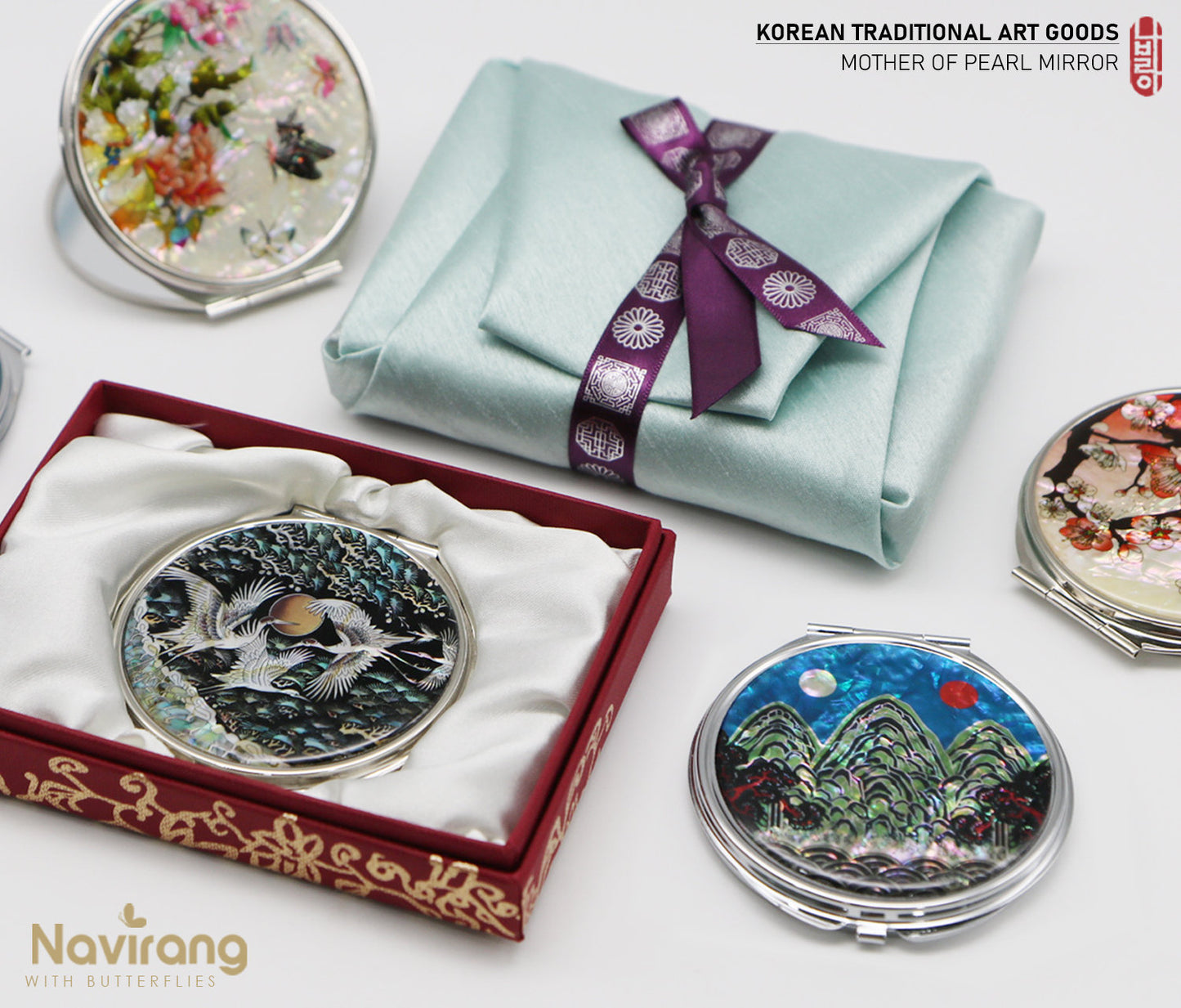 Navirang Mother of Pear Compact Mirror, Mirror gift, Pocket Mirror, Purse Mirror, Butterflies art, Crane, Ten Longevity, Plum Blossom