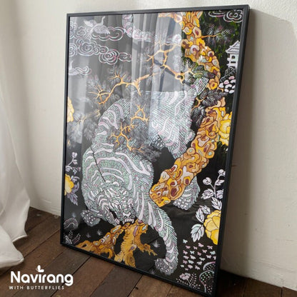 Good Luck Tiger, Dragon, Phoenix Painting Frame A2 - Korean Traditional Folk Painting Minhwa, Vintage Art Painting Wall Deco