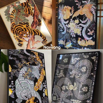 Good Luck Tiger, Dragon, Phoenix Painting Frame A2 - Korean Traditional Folk Painting Minhwa, Vintage Art Painting Wall Deco