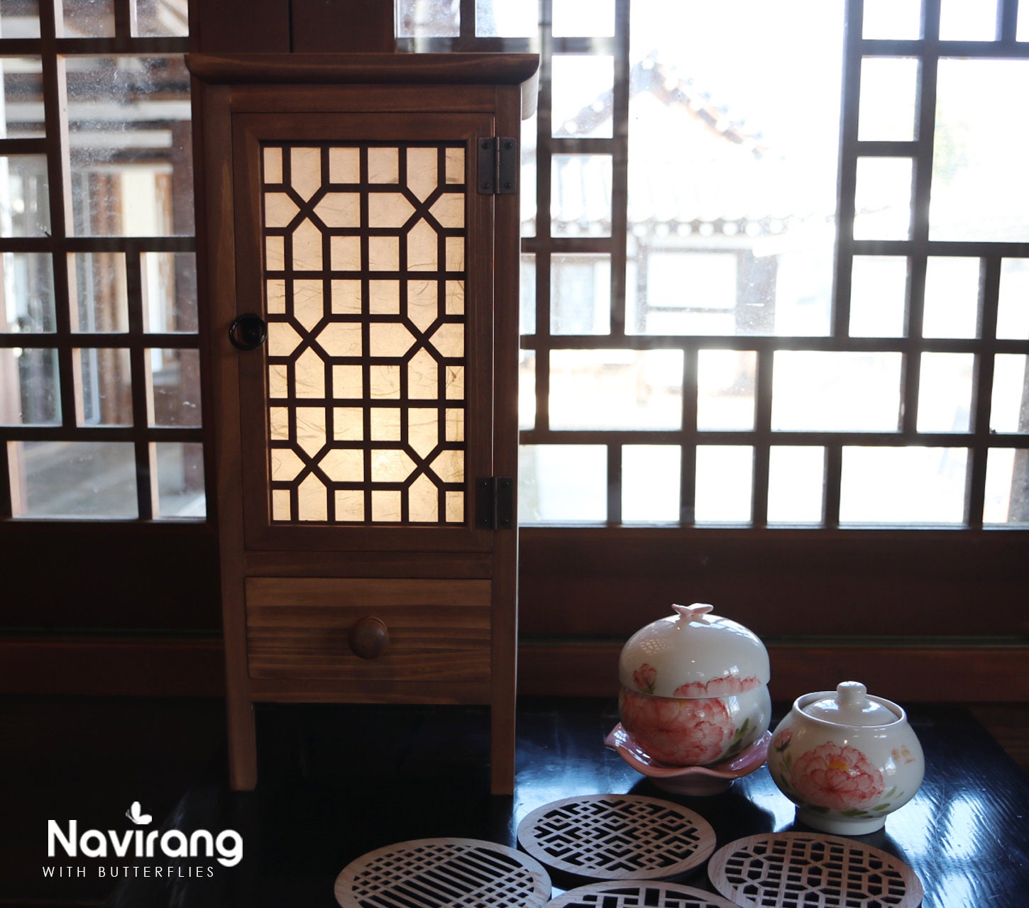 HANJI Paper Door Lamp - Korean Traditional Window Art, Mood Light, Wooden Table Night Light, 1w LED Bulb, 2m Wire Cable