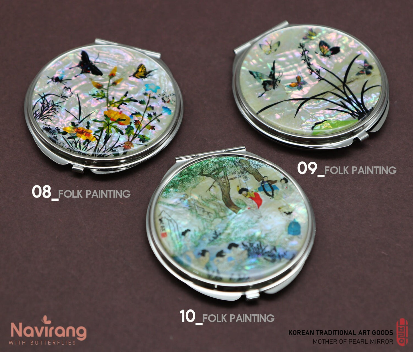 Navirang Mother of Pear Compact Mirror, Mirror gift, Pocket Mirror, Purse Mirror, Butterflies art, Crane, Ten Longevity, Plum Blossom