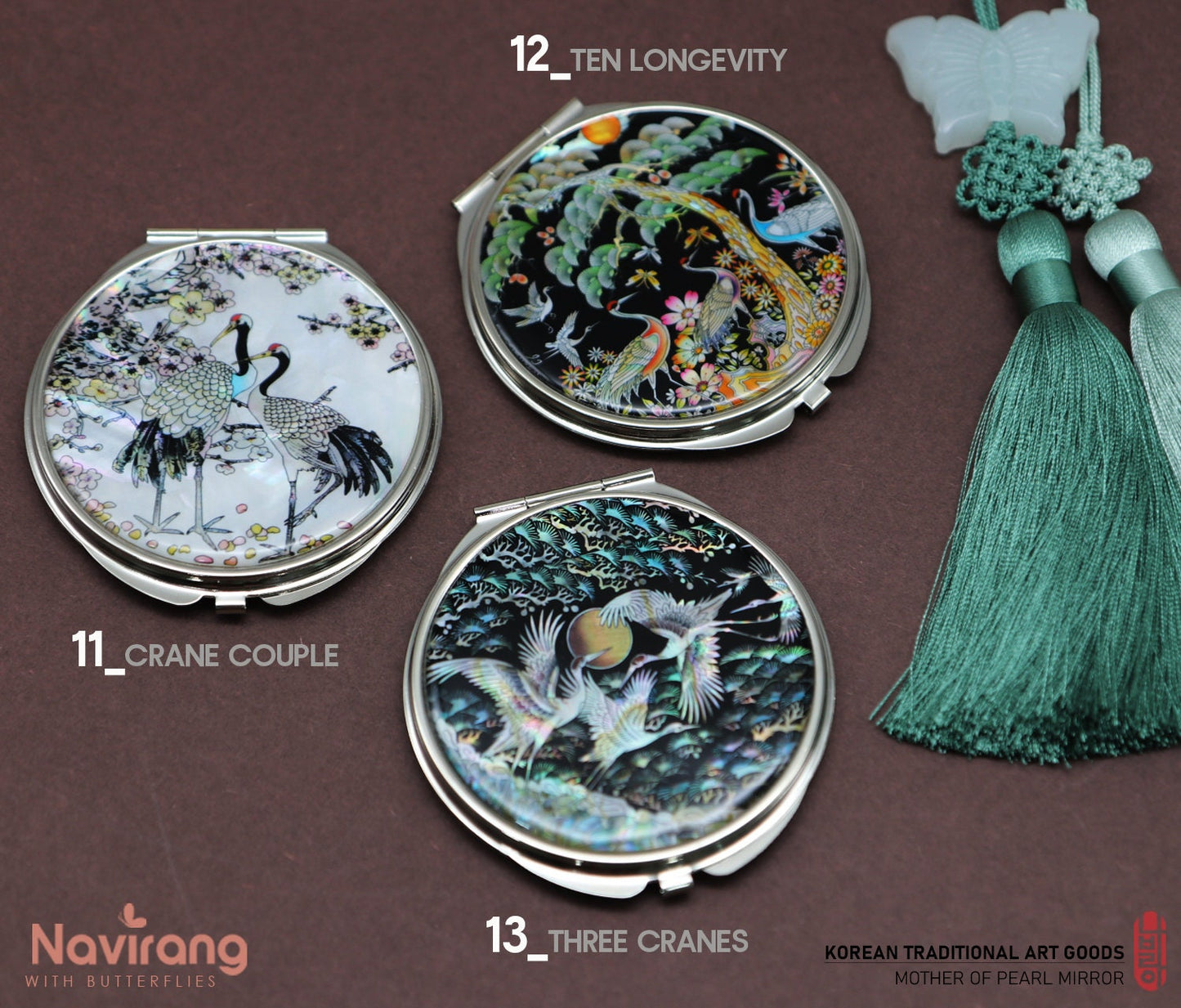 Navirang Mother of Pear Compact Mirror, Mirror gift, Pocket Mirror, Purse Mirror, Butterflies art, Crane, Ten Longevity, Plum Blossom