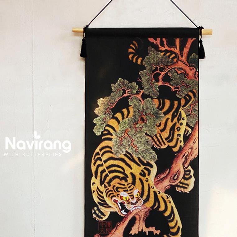 Korean Traditional Cotton Hanging Painting - Korean Traditional Minhwa Scroll Fabric Hanging Picture, Vintage Art Painting Wall Deco