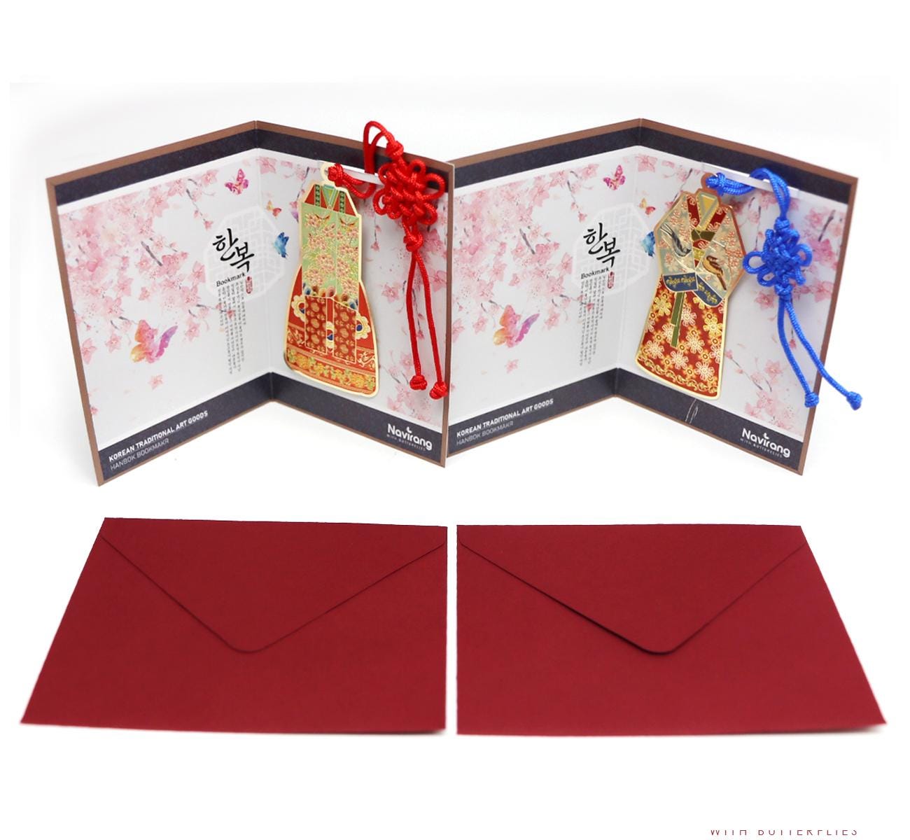 HANBOK Bookmark Set of 2 with Gift Cards & Envelopes / Korean Traditional Arts Bookmark - Premium·High Quality 24K Gold Plated,