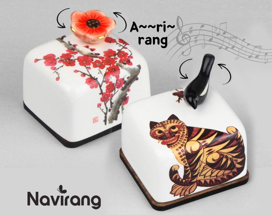 ARIRANG Music box - Handmade Ceramic Paperweight Music box, Korean Traditional Minhwa, Goryeo Celadon Crane, Oriental plum blossom porcelain