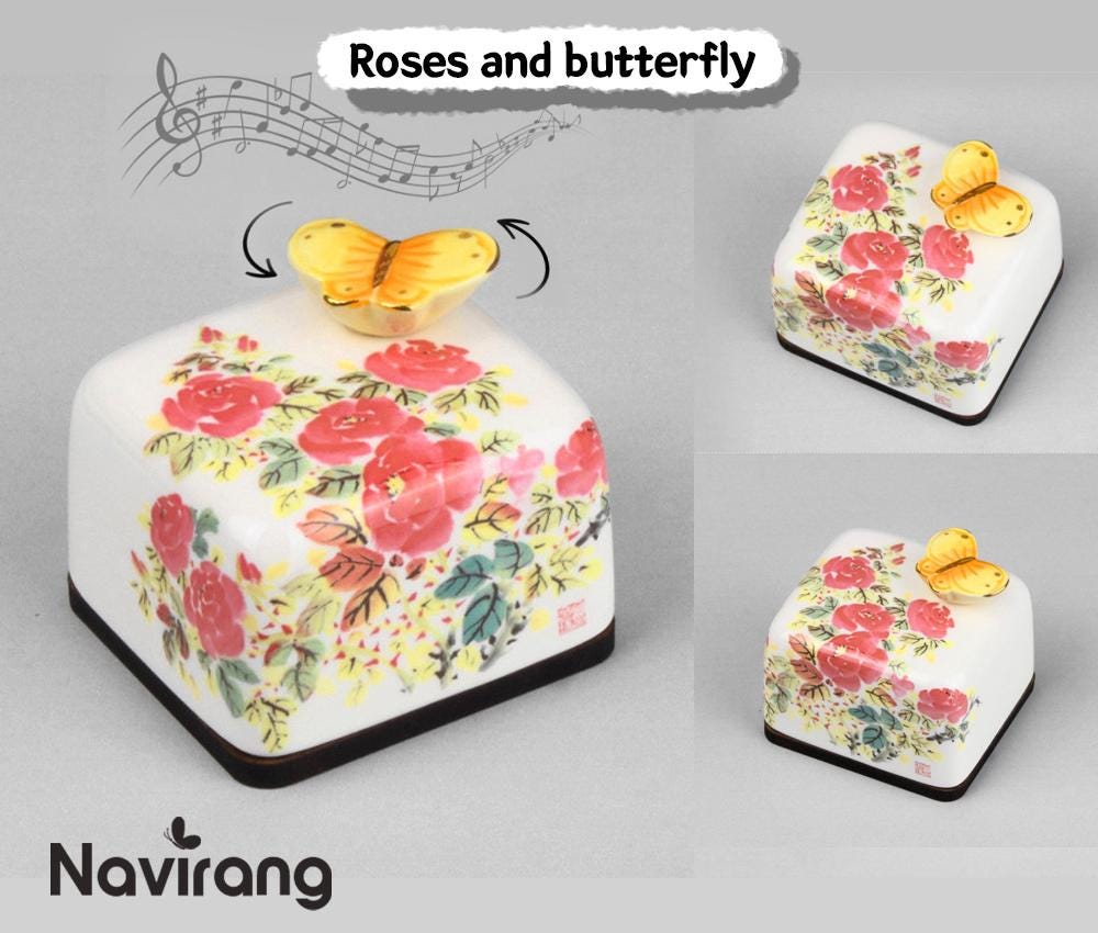 ARIRANG Music box - Handmade Ceramic Paperweight Music box, Korean Traditional Minhwa, Goryeo Celadon Crane, Oriental plum blossom porcelain