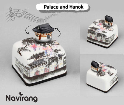 ARIRANG Music box - Handmade Ceramic Paperweight Music box, Korean Traditional Minhwa, Goryeo Celadon Crane, Oriental plum blossom porcelain