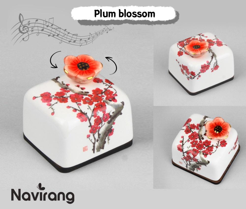 ARIRANG Music box - Handmade Ceramic Paperweight Music box, Korean Traditional Minhwa, Goryeo Celadon Crane, Oriental plum blossom porcelain