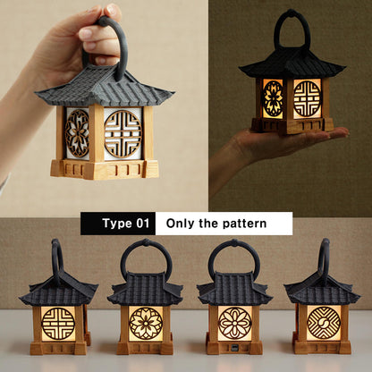 Mini Hanok Lamps with Folk - Environmentally friendly Mood Light, Wooden Night Light, Requires 3 AAA batteries