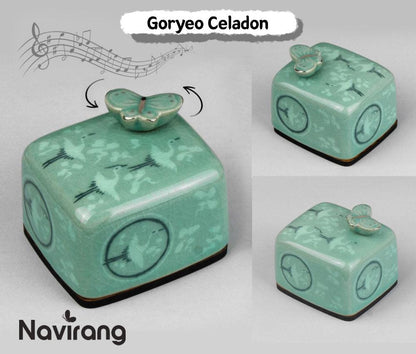 ARIRANG Music box - Handmade Ceramic Paperweight Music box, Korean Traditional Minhwa, Goryeo Celadon Crane, Oriental plum blossom porcelain