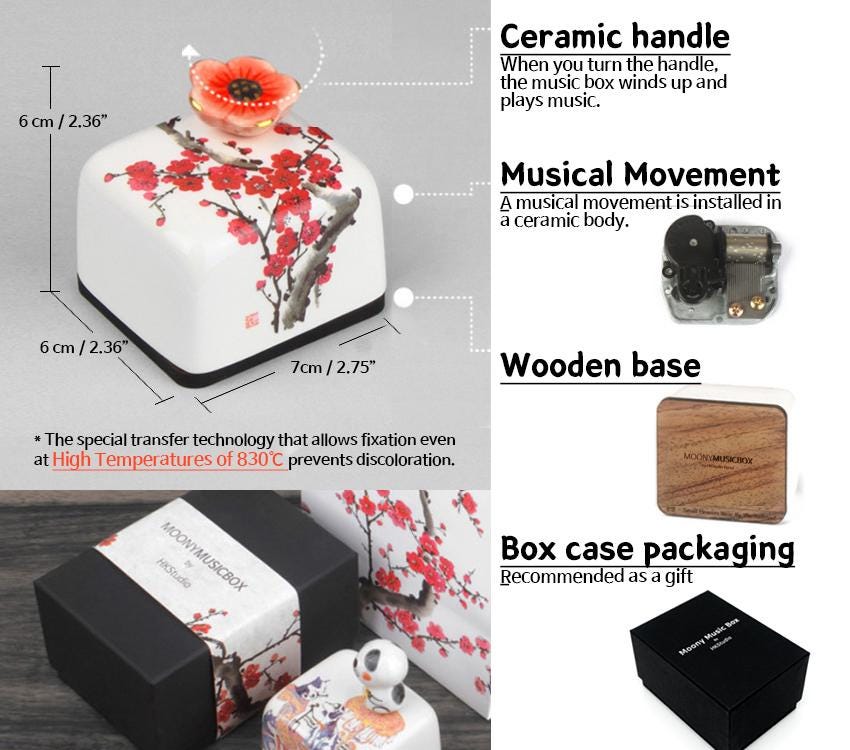 ARIRANG Music box - Handmade Ceramic Paperweight Music box, Korean Traditional Minhwa, Goryeo Celadon Crane, Oriental plum blossom porcelain