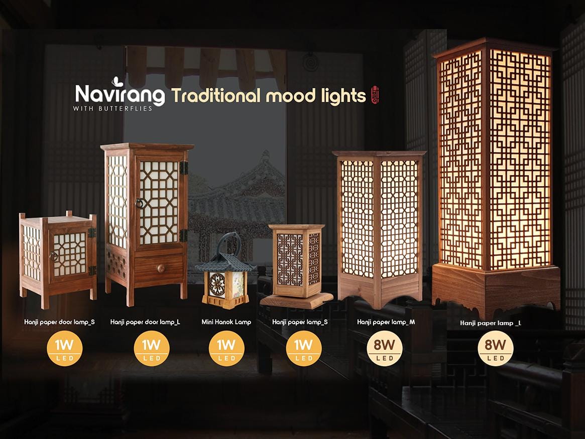 HANJI Paper Small Lamp - Korean Traditional Window Art, Wood Table Night Light, Wooden Night, 1w LED Bulb, 2m Wire Cable