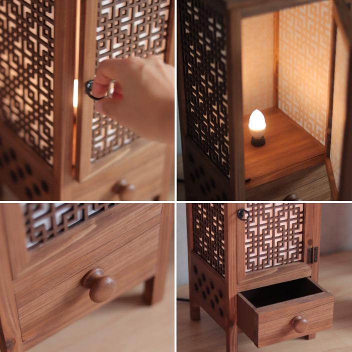 HANJI Paper Door Lamp - Korean Traditional Window Art, Mood Light, Wooden Table Night Light, 1w LED Bulb, 2m Wire Cable