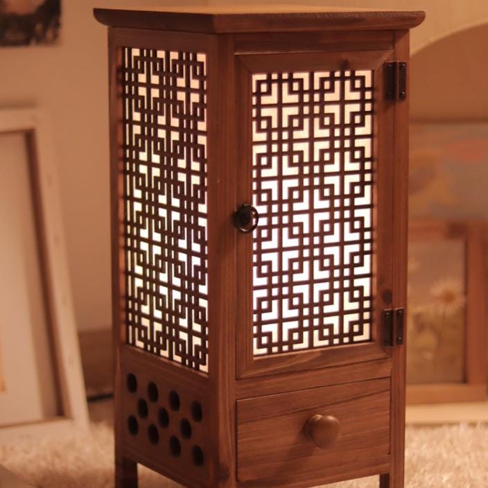 HANJI Paper Door Lamp - Korean Traditional Window Art, Mood Light, Wooden Table Night Light, 1w LED Bulb, 2m Wire Cable