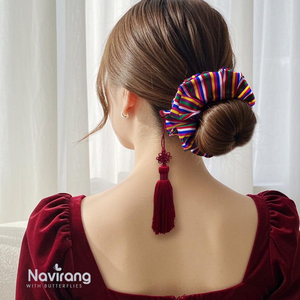 Hanbok Scrunchie with Norigae - Korean Traditional Silk Hair Scrunchy, Tassel Jade butterfly, Korean Hanbok ACC, Gift for K-drama lover girl