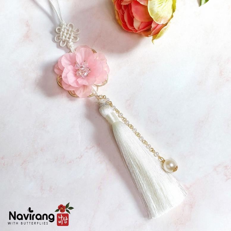 Custom Flower Pearl Norigae - Korean Handmade Traditional knot Tassel Charm | Hanbok Accessory, K-pop Norigae with Pearl, Tassel Keychain