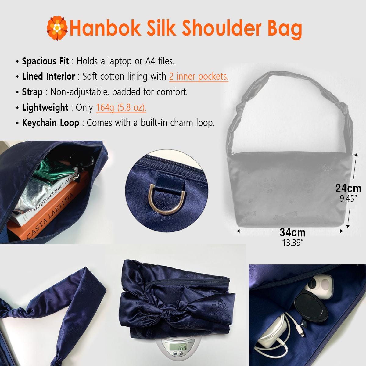 Hanbok Silk Bag with Free Norigae – Crossbody Bag Casual Hobo Bag Shoulder Bag, Korean Traditional Bojagi-Inspired, Black silk Fabric Bag