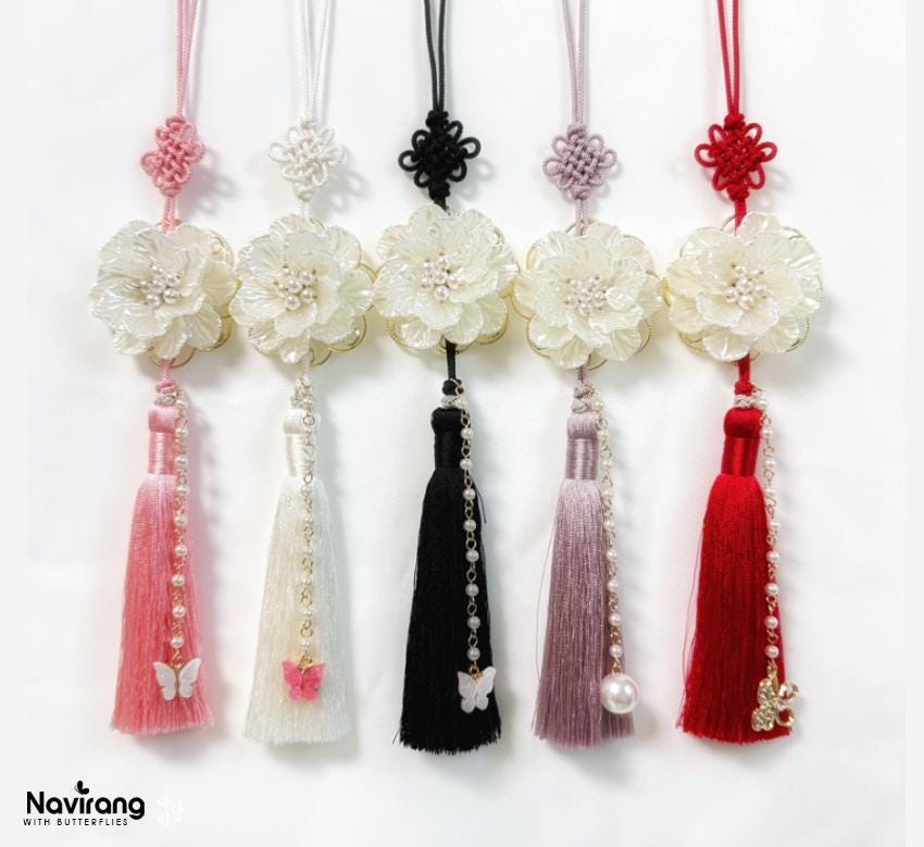 Custom Flower Pearl Norigae - Korean Handmade Traditional knot Tassel Charm | Hanbok Accessory, K-pop Norigae with Pearl, Tassel Keychain