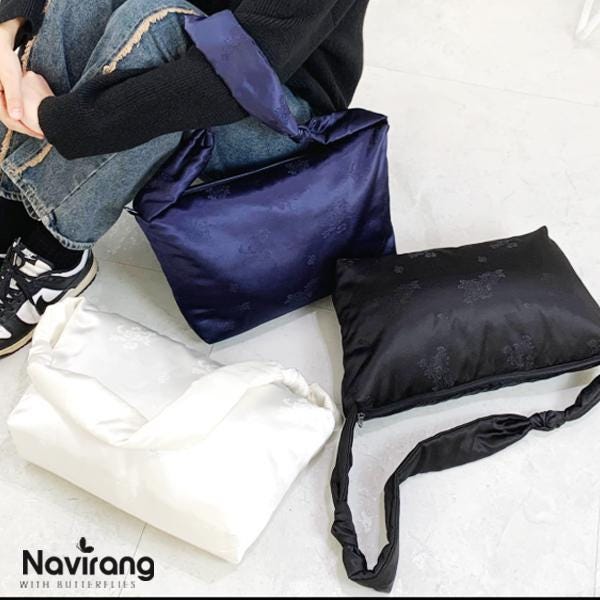 Hanbok Silk Bag with Free Norigae – Crossbody Bag Casual Hobo Bag Shoulder Bag, Korean Traditional Bojagi-Inspired, Black silk Fabric Bag