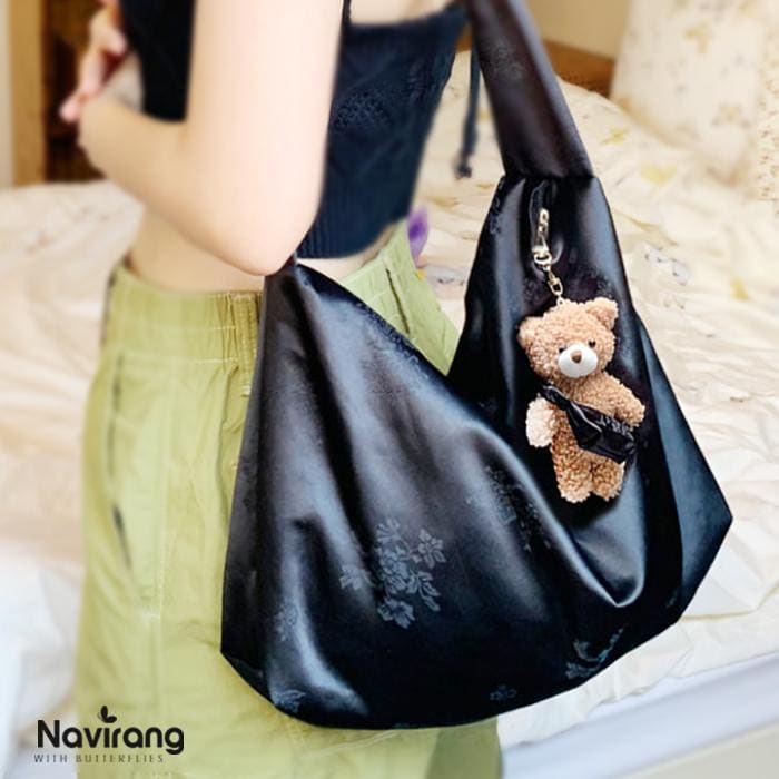 Hanbok Silk Bag with Free Norigae – Crossbody Bag Casual Hobo Bag Shoulder Bag, Korean Traditional Bojagi-Inspired, Black silk Fabric Bag