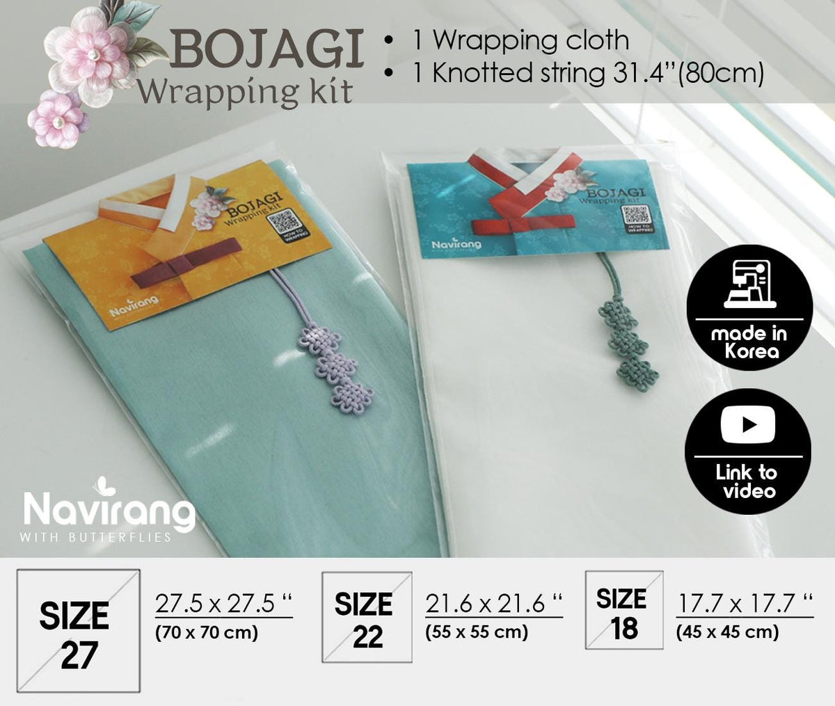Hanbok Wrapping Kit - Korean Basic Bojagi, Seakdong ribbon, Flower Knotted String | Slub Silk Fabric