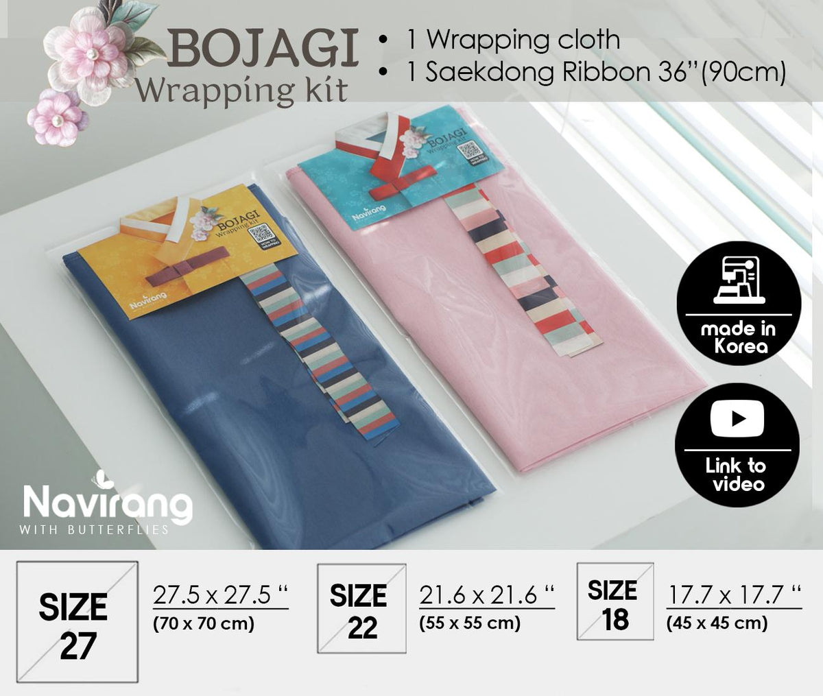 Hanbok Wrapping Kit - Korean Basic Bojagi, Seakdong ribbon, Flower Knotted String | Slub Silk Fabric