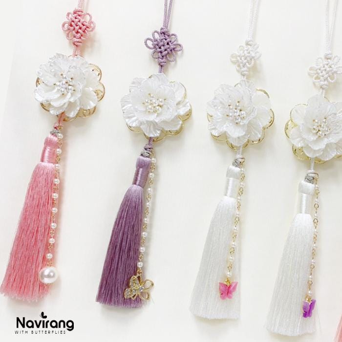Custom Flower Pearl Norigae - Korean Handmade Traditional knot Tassel Charm | Hanbok Accessory, K-pop Norigae with Pearl, Tassel Keychain