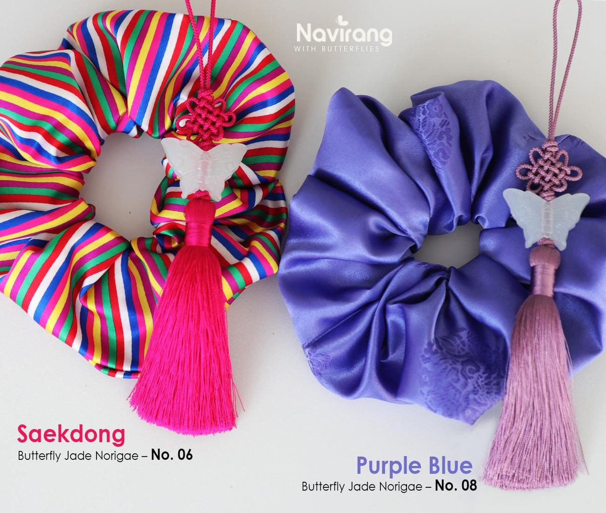 Hanbok Scrunchie with Norigae - Korean Traditional Silk Hair Scrunchy, Tassel Jade butterfly, Korean Hanbok ACC, Gift for K-drama lover girl