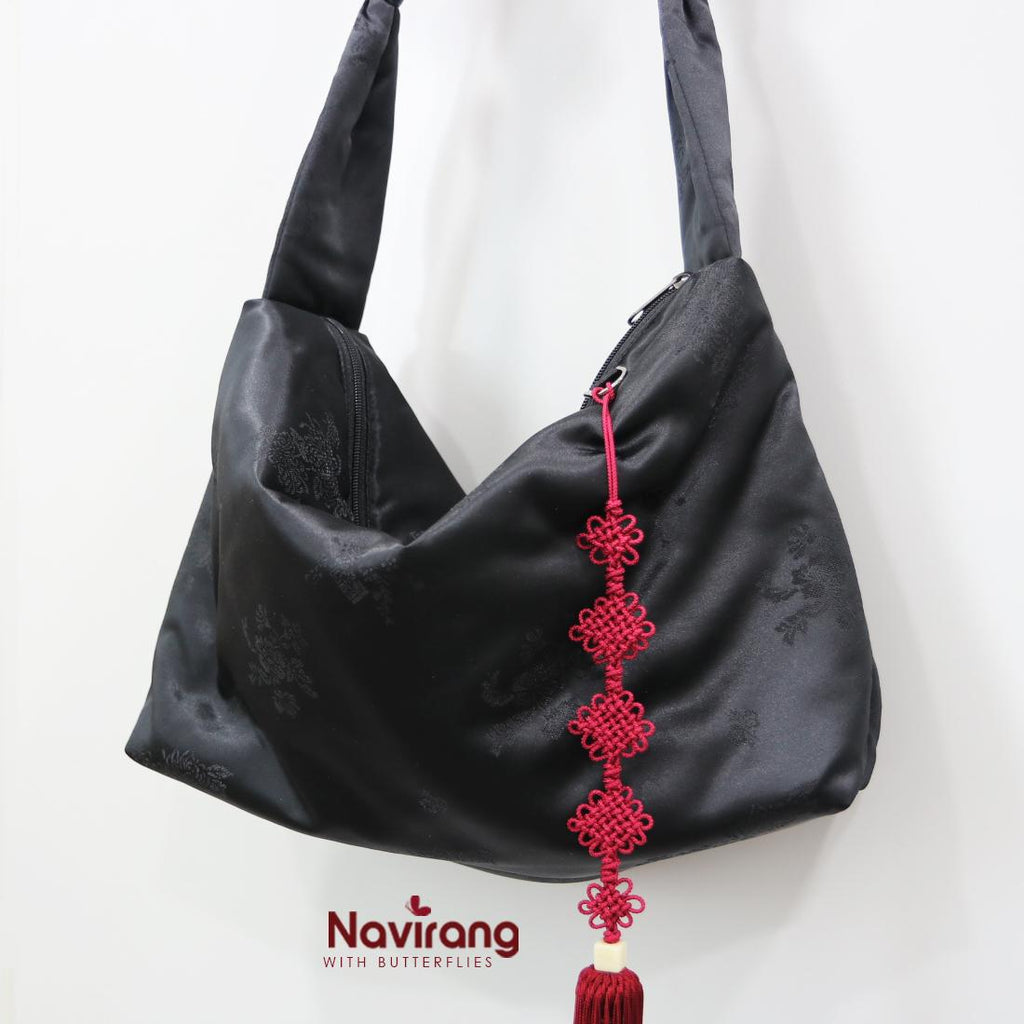 Hanbok Silk Bag with Free Norigae – Crossbody Bag Casual Hobo Bag Shoulder Bag, Korean Traditional Bojagi-Inspired, Black silk Fabric Bag